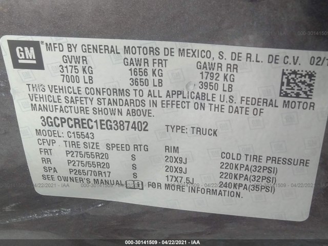 Photo 8 VIN: 3GCPCREC1EG387402 - CHEVROLET SILVERADO 1500 