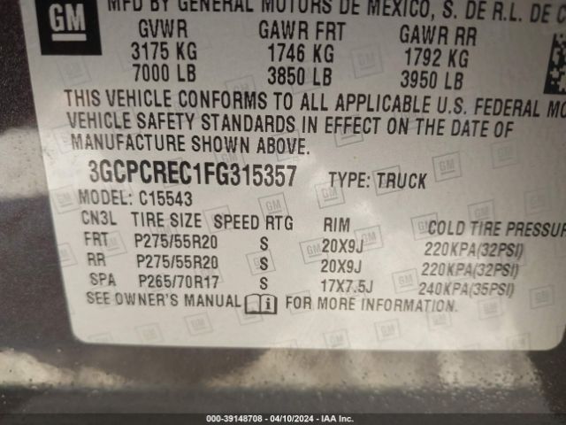 Photo 8 VIN: 3GCPCREC1FG315357 - CHEVROLET SILVERADO 1500 