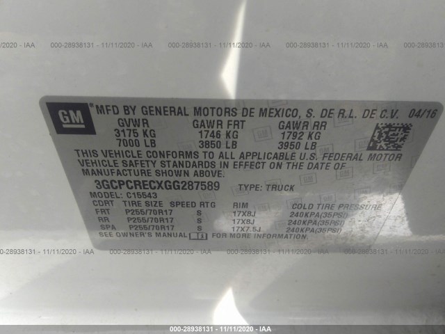 Photo 8 VIN: 3GCPCRECXGG287589 - CHEVROLET SILVERADO 1500 