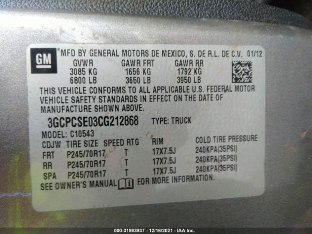 Photo 8 VIN: 3GCPCSE03CG212868 - CHEVROLET SILVERADO 1500 