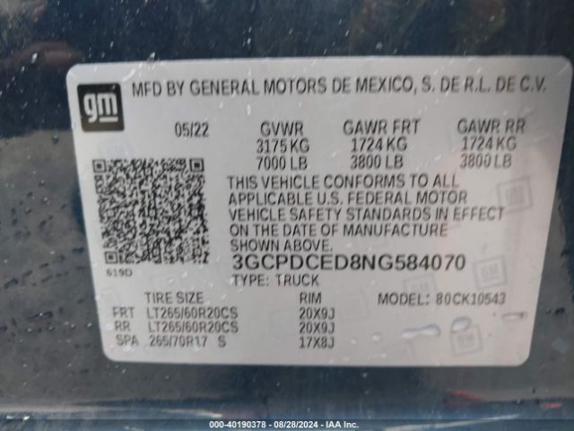 Photo 8 VIN: 3GCPDCED8NG584070 - CHEVROLET SILVERADO 