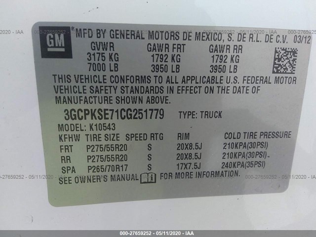 Photo 8 VIN: 3GCPKSE71CG251779 - CHEVROLET SILVERADO 1500 