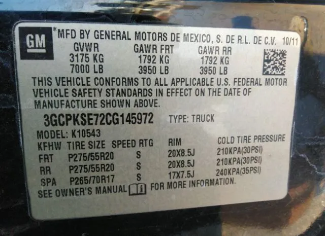 Photo 8 VIN: 3GCPKSE72CG145972 - CHEVROLET SILVERADO 1500 