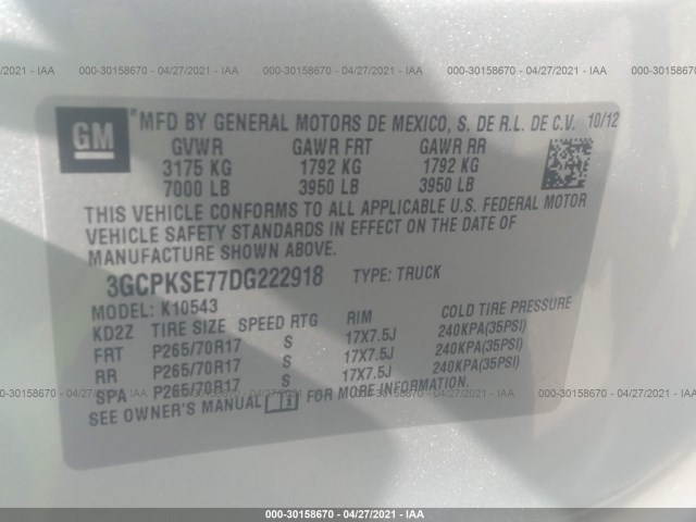 Photo 8 VIN: 3GCPKSE77DG222918 - CHEVROLET SILVERADO 1500 