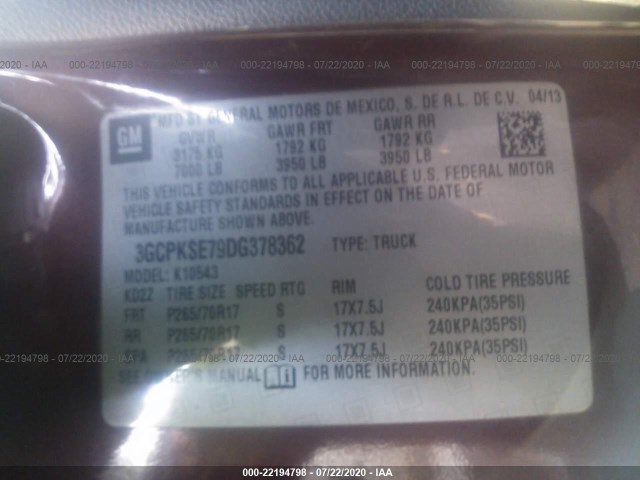 Photo 8 VIN: 3GCPKSE79DG378362 - CHEVROLET SILVERADO 1500 