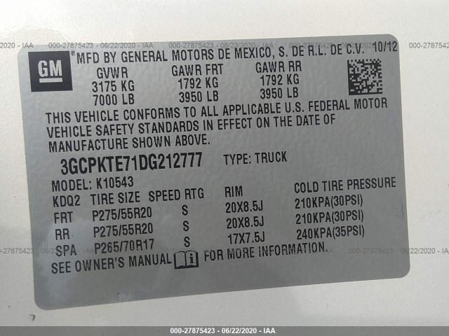 Photo 8 VIN: 3GCPKTE71DG212777 - CHEVROLET SILVERADO 1500 