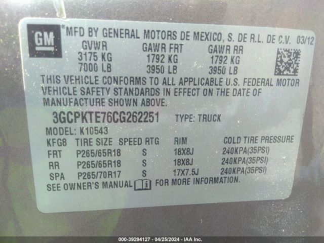 Photo 8 VIN: 3GCPKTE76CG262251 - CHEVROLET SILVERADO 1500 