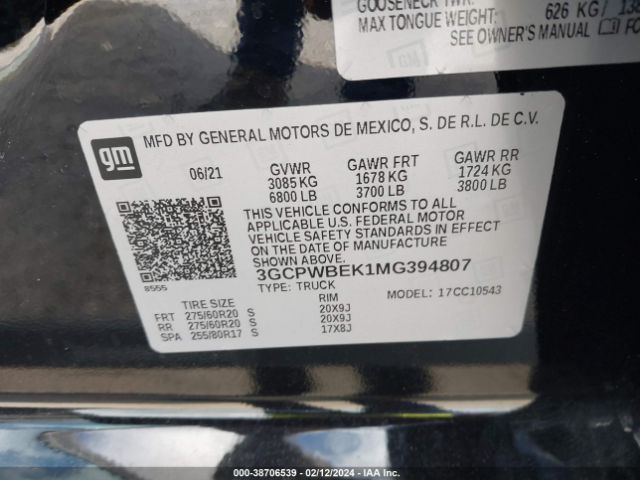 Photo 8 VIN: 3GCPWBEK1MG394807 - CHEVROLET SILVERADO 1500 