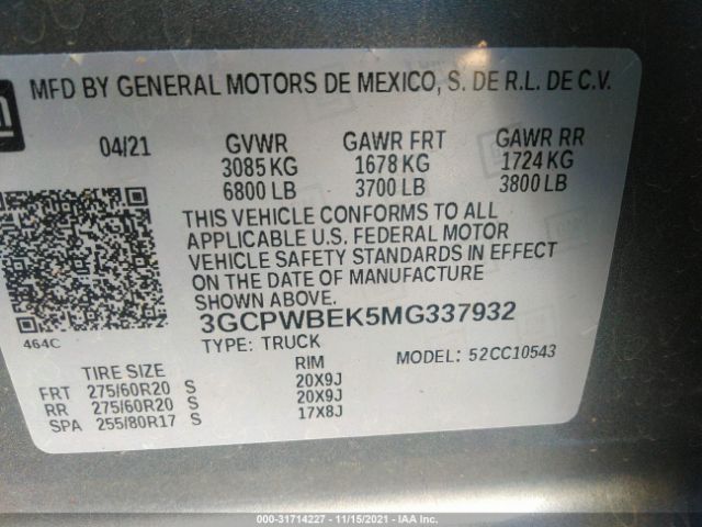 Photo 8 VIN: 3GCPWBEK5MG337932 - CHEVROLET SILVERADO 1500 