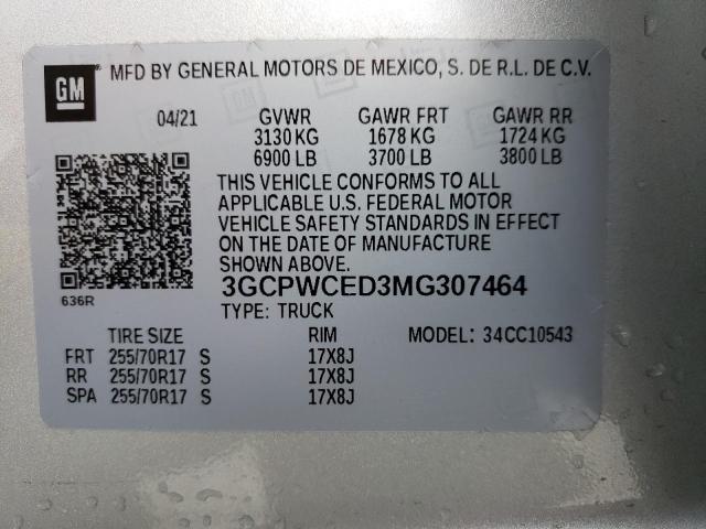 Photo 9 VIN: 3GCPWCED3MG307464 - CHEVROLET SILVERADO 