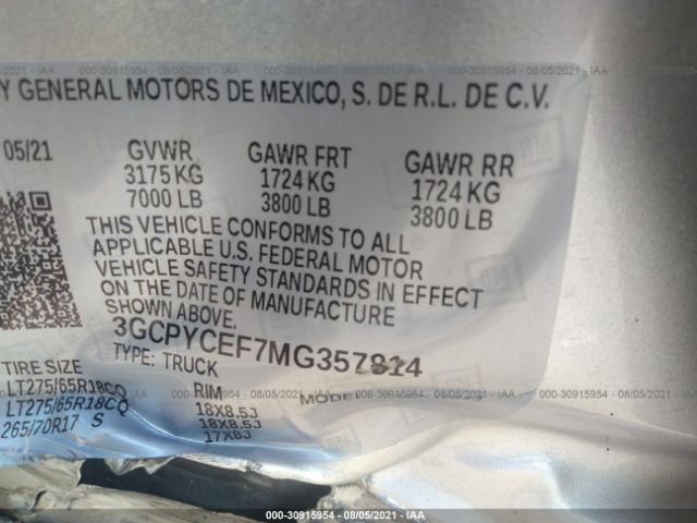 Photo 8 VIN: 3GCPYCEF7MG357814 - CHEVROLET SILVERADO 1500 