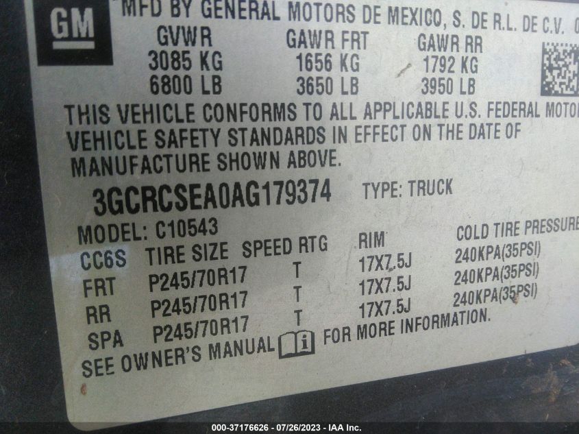 Photo 8 VIN: 3GCRCSEA0AG179374 - CHEVROLET SILVERADO 