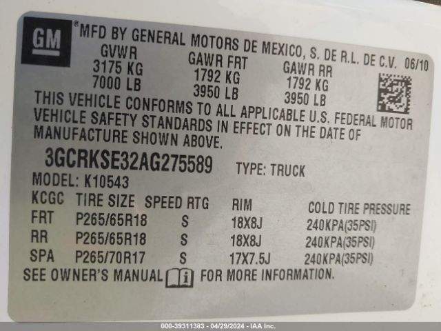 Photo 8 VIN: 3GCRKSE32AG275589 - CHEVROLET SILVERADO 1500 