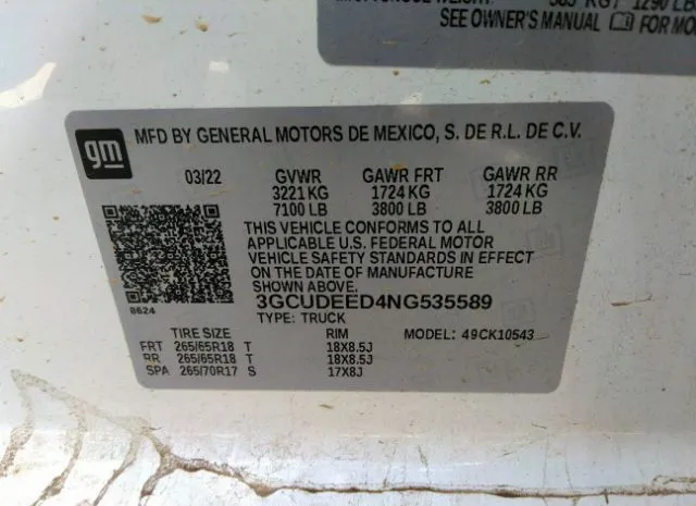 Photo 8 VIN: 3GCUDEED4NG535589 - CHEVROLET SILVERADO 1500 