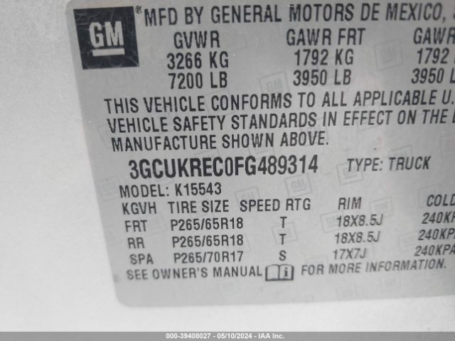 Photo 8 VIN: 3GCUKREC0FG489314 - CHEVROLET SILVERADO 1500 