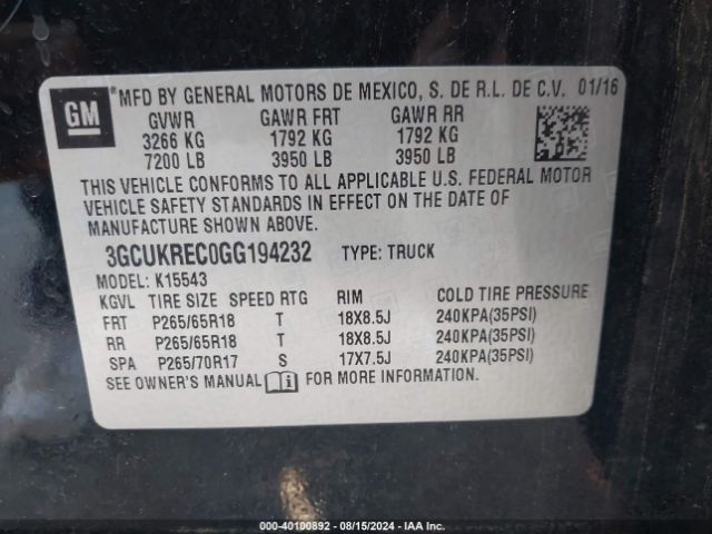 Photo 8 VIN: 3GCUKREC0GG194232 - CHEVROLET SILVERADO 