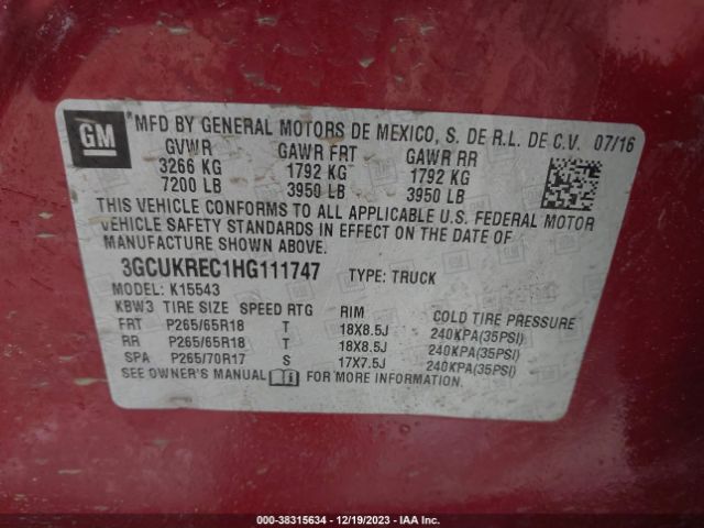 Photo 8 VIN: 3GCUKREC1HG111747 - CHEVROLET SILVERADO 1500 