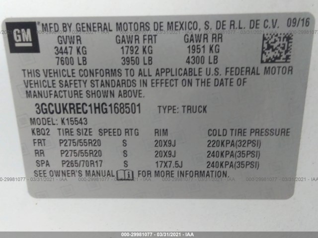 Photo 8 VIN: 3GCUKREC1HG168501 - CHEVROLET SILVERADO 1500 