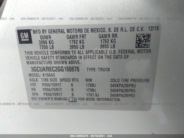 Photo 8 VIN: 3GCUKREC2GG168876 - CHEVROLET SILVERADO 1500 