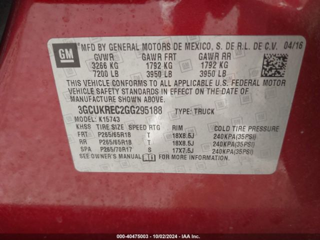 Photo 8 VIN: 3GCUKREC2GG295188 - CHEVROLET SILVERADO 