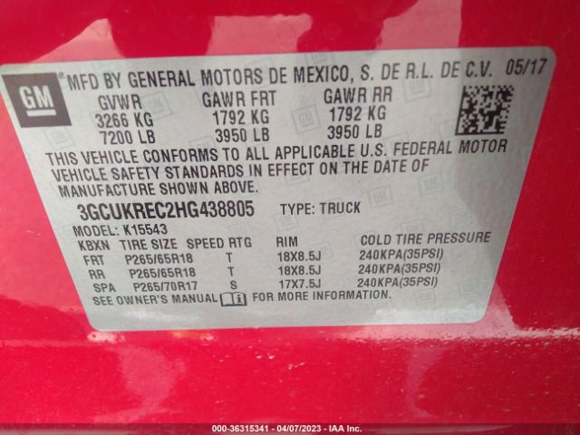 Photo 8 VIN: 3GCUKREC2HG438805 - CHEVROLET SILVERADO 1500 