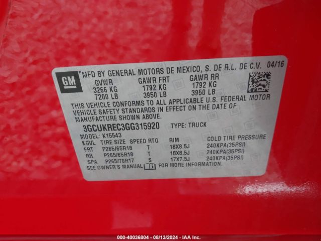 Photo 8 VIN: 3GCUKREC3GG315920 - CHEVROLET SILVERADO 