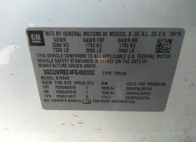 Photo 8 VIN: 3GCUKREC4FG498002 - CHEVROLET SILVERADO 1500 