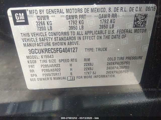 Photo 8 VIN: 3GCUKREC5FG404127 - CHEVROLET SILVERADO 1500 