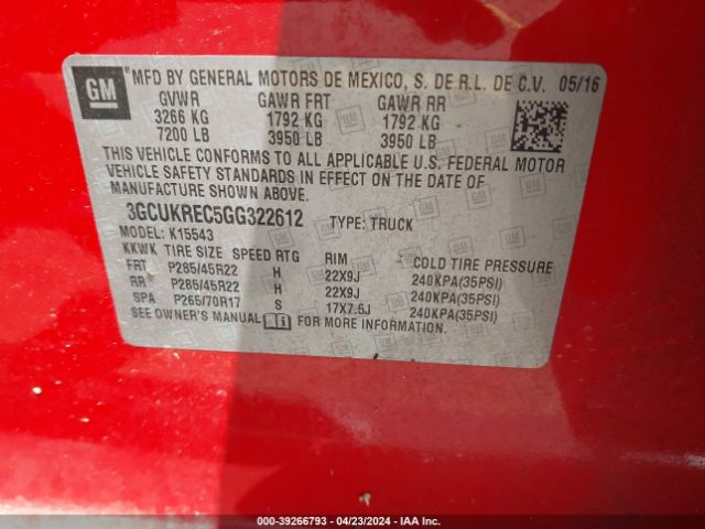 Photo 8 VIN: 3GCUKREC5GG322612 - CHEVROLET SILVERADO 1500 