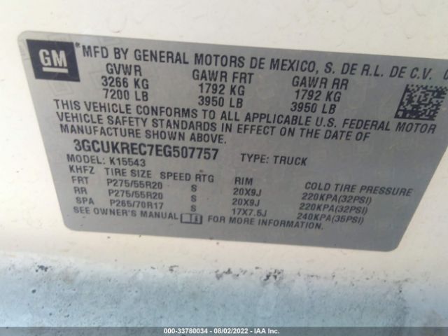 Photo 8 VIN: 3GCUKREC7EG507757 - CHEVROLET SILVERADO 1500 