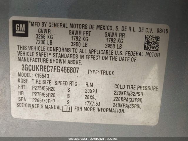 Photo 8 VIN: 3GCUKREC7FG466807 - CHEVROLET SILVERADO 