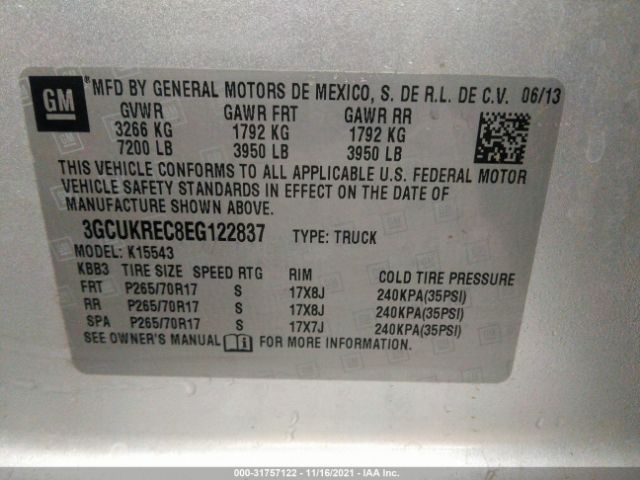 Photo 8 VIN: 3GCUKREC8EG122837 - CHEVROLET SILVERADO 1500 