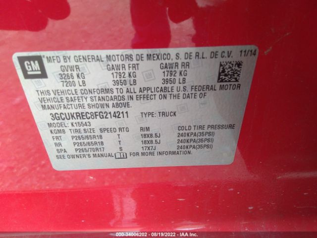 Photo 8 VIN: 3GCUKREC8FG214211 - CHEVROLET SILVERADO 1500 