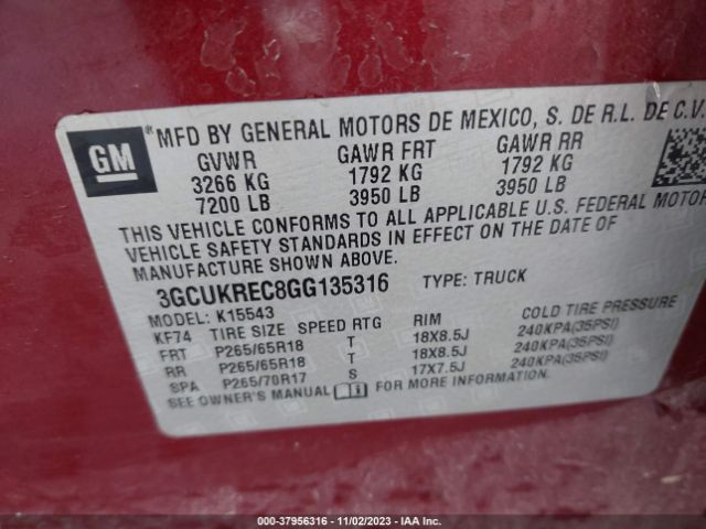 Photo 8 VIN: 3GCUKREC8GG135316 - CHEVROLET SILVERADO 1500 