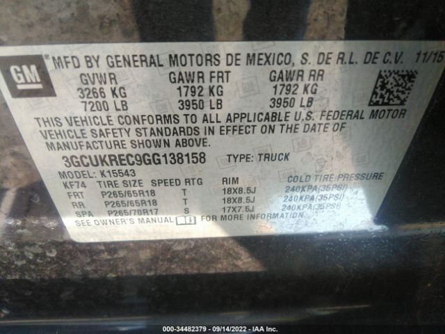 Photo 8 VIN: 3GCUKREC9GG138158 - CHEVROLET SILVERADO 1500 