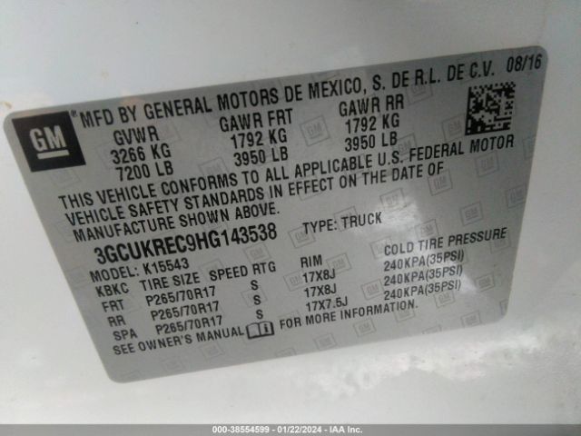 Photo 8 VIN: 3GCUKREC9HG143538 - CHEVROLET SILVERADO 1500 