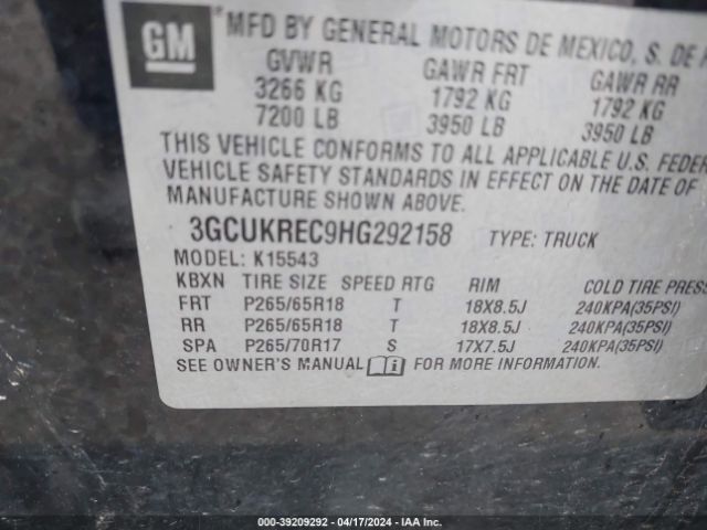 Photo 8 VIN: 3GCUKREC9HG292158 - CHEVROLET SILVERADO 1500 