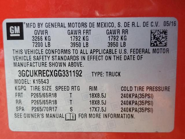 Photo 9 VIN: 3GCUKRECXGG331192 - CHEVROLET SILVRDO LT 