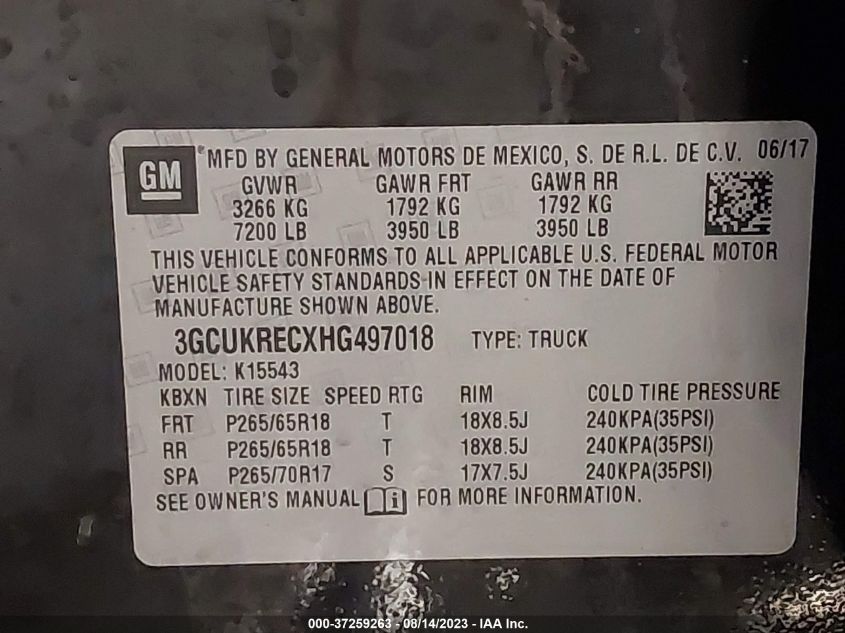 Photo 8 VIN: 3GCUKRECXHG497018 - CHEVROLET SILVERADO 