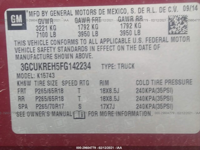 Photo 8 VIN: 3GCUKREH5FG142234 - CHEVROLET SILVERADO 1500 