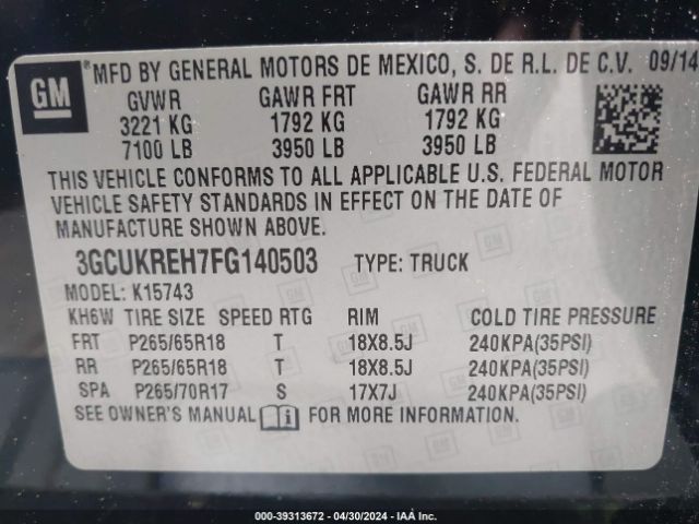 Photo 8 VIN: 3GCUKREH7FG140503 - CHEVROLET SILVERADO 1500 