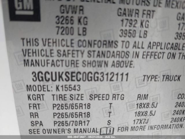 Photo 8 VIN: 3GCUKSEC0GG312111 - CHEVROLET SILVERADO 