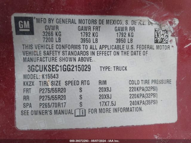 Photo 8 VIN: 3GCUKSEC1GG215029 - CHEVROLET SILVERADO 1500 