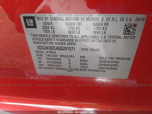 Photo 8 VIN: 3GCUKSEC4GG291571 - CHEVROLET SILVERADO 1500 