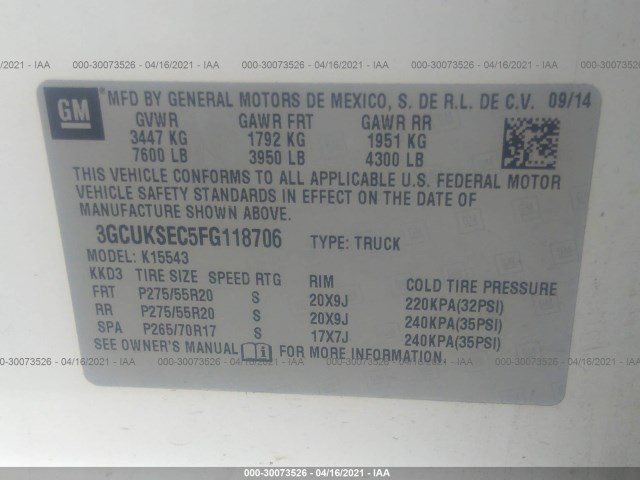 Photo 8 VIN: 3GCUKSEC5FG118706 - CHEVROLET SILVERADO 1500 