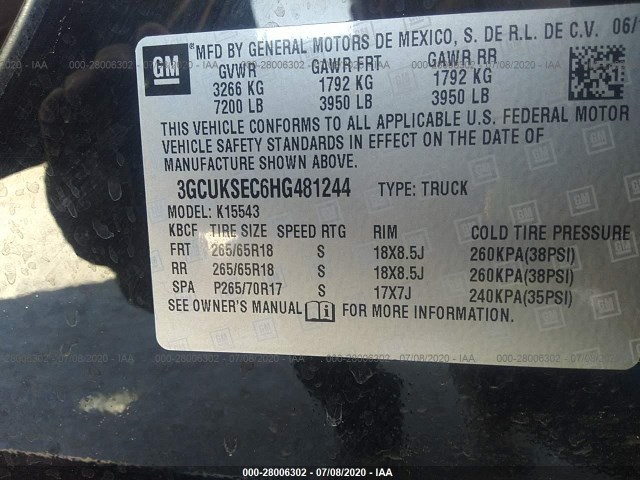 Photo 8 VIN: 3GCUKSEC6HG481244 - CHEVROLET SILVERADO 1500 