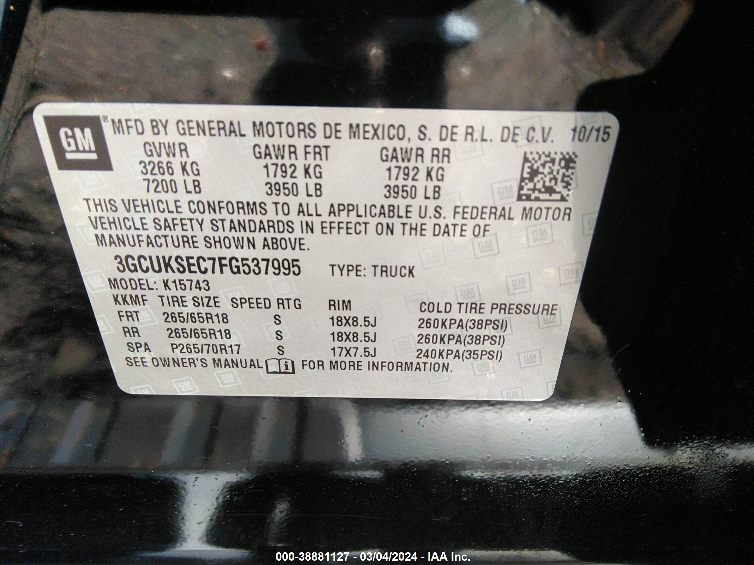 Photo 8 VIN: 3GCUKSEC7FG537995 - CHEVROLET SILVERADO 