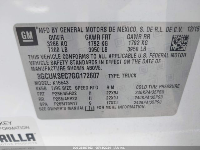 Photo 8 VIN: 3GCUKSEC7GG172607 - CHEVROLET SILVERADO 1500 