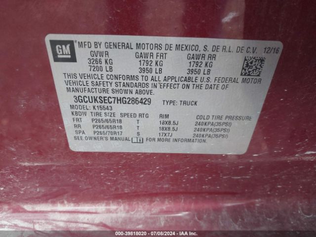 Photo 8 VIN: 3GCUKSEC7HG286429 - CHEVROLET SILVERADO 