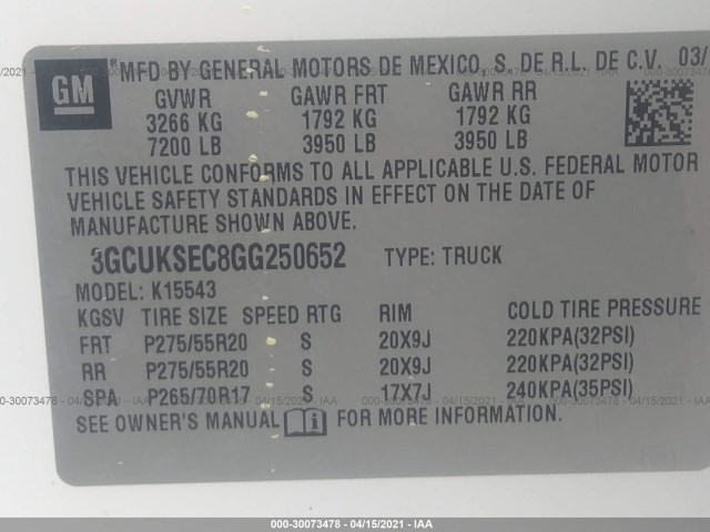 Photo 8 VIN: 3GCUKSEC8GG250652 - CHEVROLET SILVERADO 1500 